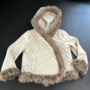 Girl Faux Fur Trim Hooded Jacket 24 Months Metallic Quilted Snap Front Metallic